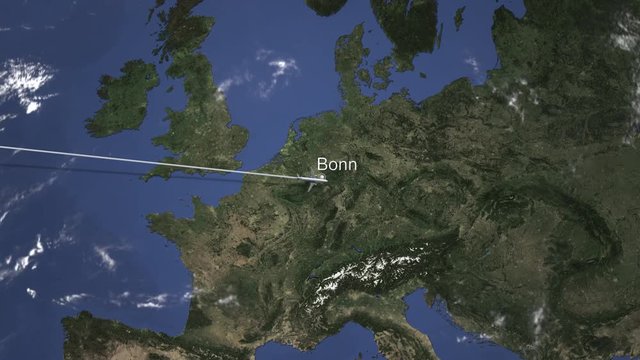Airplane flying to Bonn, Germany on the map. Intro 3D animation 