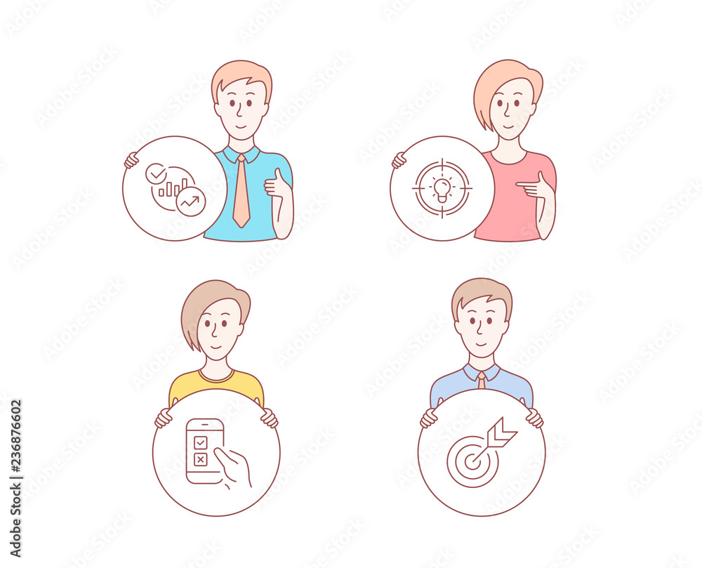 Poster people set of statistics, idea and mobile survey icons. target sign. report charts, solution, phone 