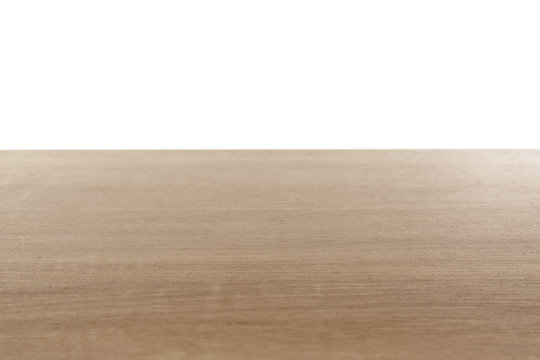 Stylish wooden table top against white background