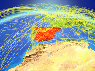 Spain on planet Earth with international network representing communication, travel and connections.