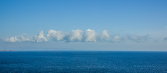 sea water surface to horizon line nature landscape panorama view with interesting shape of cloud in the sky similar to Rorschach test spot wallpaper concept, copy space