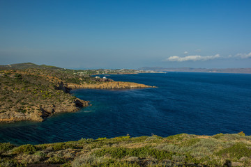 Fototapeta na wymiar sea bay and hills cape panorama summer nature vivid landscape environment from above aerial shot in clear bright weather time 