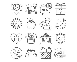 Set of New, Discount and Circus tent icons. Roller coaster, Give present and Surprise signs. Hat-trick, Romantic gift and Secret gift symbols. Discount, Sale shopping, Attraction park. Vector
