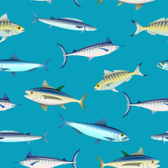 Various fish types on colored background seamless pattern