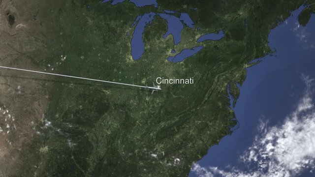 Commercial plane arrives to Cincinnati, United states, intro 3D animation