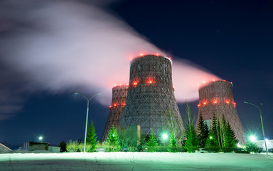 Cooling towers. Novosibirsk, Russia. Winter, night view
