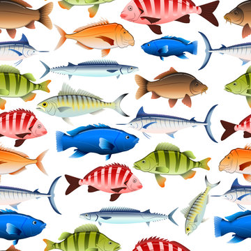 Crowded fish aquarium seamless pattern