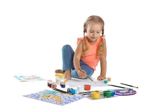 Cute Child Painting Picture On White Background