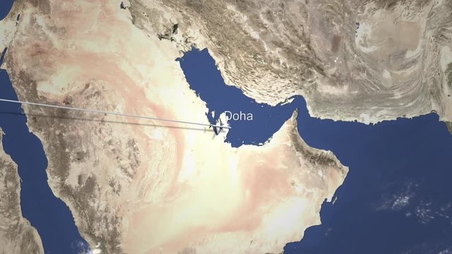 Route of a commercial plane flying to Doha, Qatar on the map. Intro 3D animation 