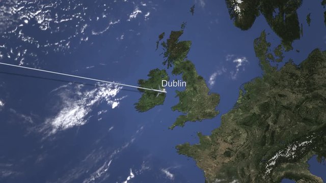 Commercial airplane flying to Dublin, Ireland. Intro 3D animation 