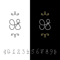 Set of vector calligraphy numbers from 0 to 9. Lined ornate monogram.
