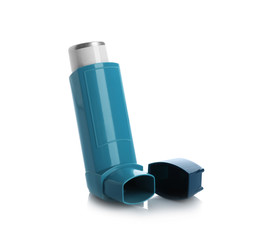 Portable asthma inhaler device on white background