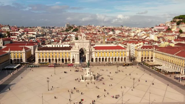 Aerial view of the famous Praca do Comercio (Commerce Square) - one of the main landmarks in Lisbon . Beautiful Portuguese architecture