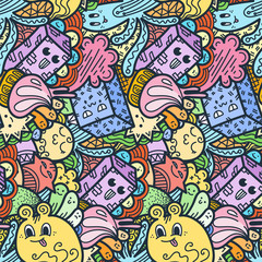 Fototapeta na wymiar Funny doodle monsters seamless pattern for prints, designs and coloring books