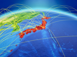 Japan on planet Earth with international network representing communication, travel and connections.