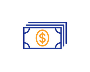 Cash money line icon. Banking currency sign. Dollar or USD symbol. Colorful outline concept. Blue and orange thin line color icon. Banking Vector