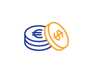 Coins money line icon. Banking currency sign. Euro and Dollar Cash symbols. Colorful outline concept. Blue and orange thin line color icon. Savings Vector