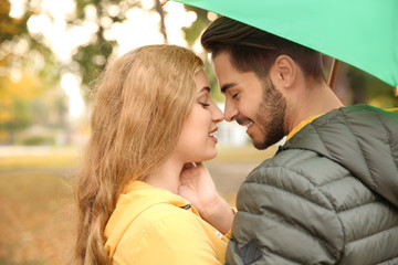 Happy couple with colorful umbrella in park