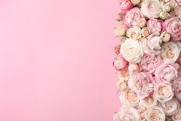 Flat lay composition with beautiful roses and space for text on color background