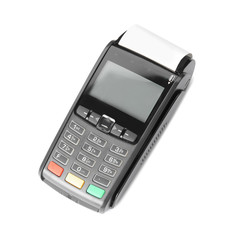 Modern payment terminal on white background, top view