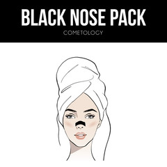 A woman wears a towel on her head with black Nose pack, vector illustration for instructions. Blackheads on Nose. Fashion, style, beauty. Graphic, sketch drawing. Stock Vector illustration