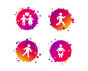 Women pregnancy icon. Human running symbol. Man love Woman or Lovers sign. Gradient circle buttons with icons. Random dots design. Vector