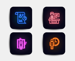 Fototapeta premium Neon set of Elevator, Report and Exhibitors icons. Waiting sign. Lift, Work statistics, Information desk. Service time. Neon icons. Glowing light banners. Vector