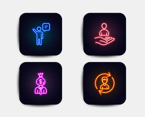 Neon glow lights. Set of Recruitment, Agent and Manager icons. Human resources sign. Hr, Business person, Work profit. Update profile.  Neon icons. Glowing light banners. Vector