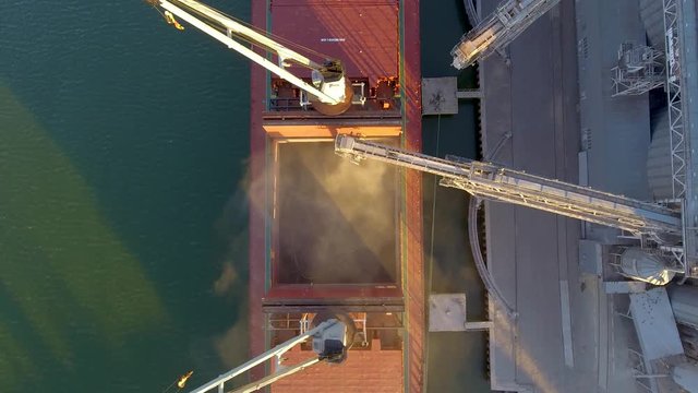 Close view of ship loading grain crops on bulk freighter via trunk to open cargo holds at silo terminal in seaport. Cereals bulk transshipment to vessel. Transportation of agricultural products.