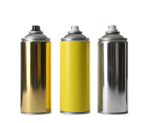 Cans of different spray paints on white background