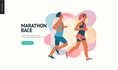 Marathon race group - flat modern vector concept illustration of running men and women wearing sportswer. Marathon race, 5k run, sprint. Creative landing page design template, web banner