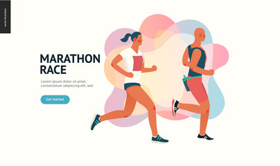 Marathon race group - flat modern vector concept illustration of running men and women wearing sportswer. Marathon race, 5k run, sprint. Creative landing page design template, web banner