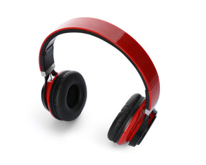Stylish modern headphones with earmuffs on white background