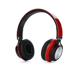 Stylish modern headphones with earmuffs on white background