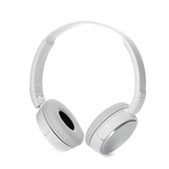 Stylish modern headphones with earmuffs on white background
