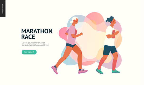 Marathon race group - flat modern vector concept illustration of running men and women wearing sportswer. Marathon race, 5k run, sprint. Creative landing page design template, web banner