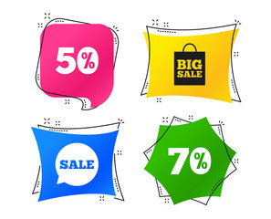 Sale speech bubble icon. 50% and 70% percent discount symbols. Big sale shopping bag sign. Geometric colorful tags. Banners with flat icons. Trendy design. Vector