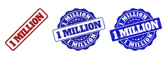 1 MILLION grunge stamp seals in red and blue colors. Vector 1 MILLION watermarks with draft surface. Graphic elements are rounded rectangles, rosettes, circles and text captions.