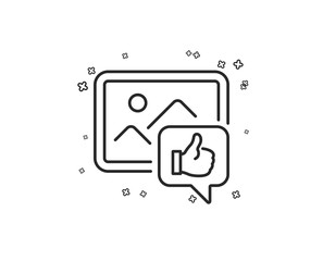 Like photo line icon. Thumbs up sign. Positive feedback, social media symbol. Geometric shapes. Random cross elements. Linear Like photo icon design. Vector