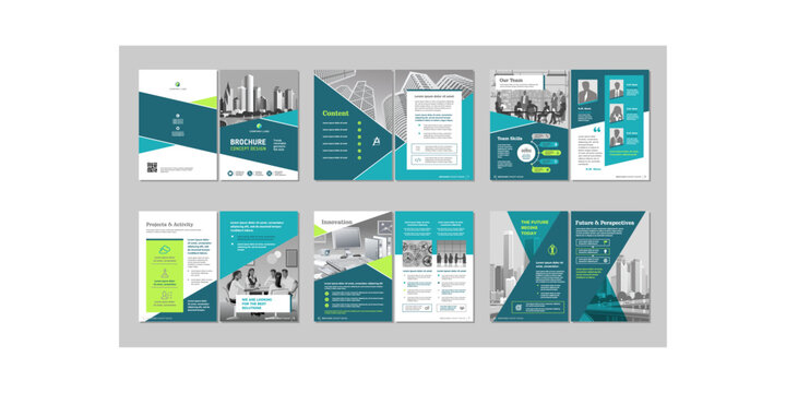 Brochure creative design. Multipurpose template with cover, back and inside pages. Trendy minimalist flat geometric design. Vertical a4 format.