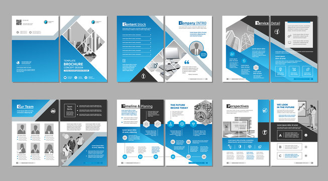 Brochure creative design. Multipurpose template with cover, back and inside pages. Trendy minimalist flat geometric design. Vertical a4 format.