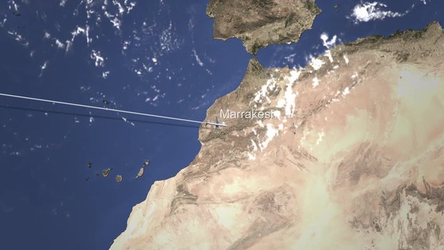 Commercial plane arrives to Marrakesh, Morocco, intro 3D animation