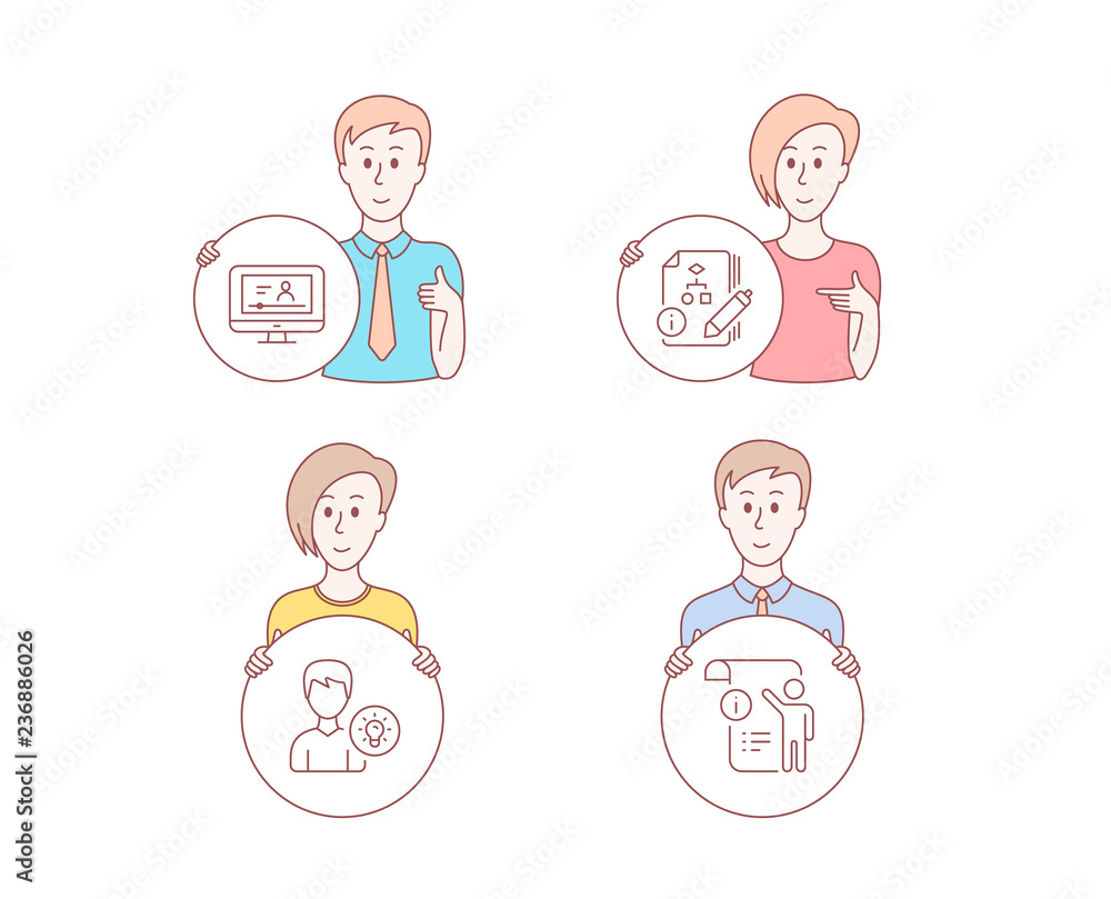 Poster people set of algorithm, online video and person idea icons. manual doc sign. project, video exam, l