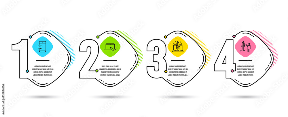 Poster timeline infographic. set of portable computer, start business and smartphone message icons. launch 