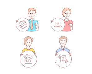 People hand drawn style. Set of Love mail, Audit and Web love icons. Technical algorithm sign. Valentines letter, Arrow graph, Social network. Project doc.  Character hold circle button. Vector