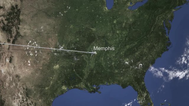 Airliner flying to Memphis, United States from west. 3D animation