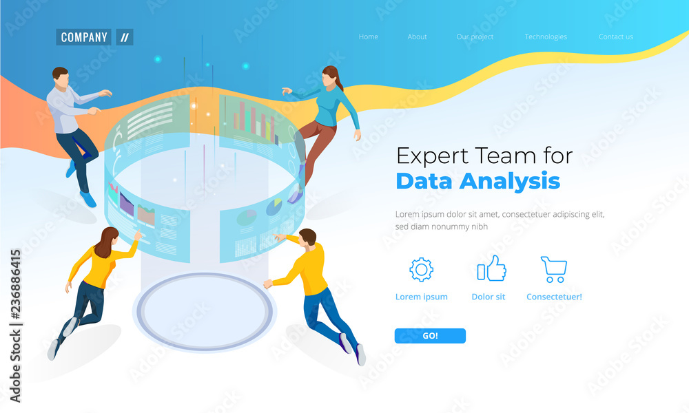 Poster Expert Team for Data Analysis. Isometric Business Data Analytics process management or intelligence dashboard on the virtual screen. Template for website, landing page.
