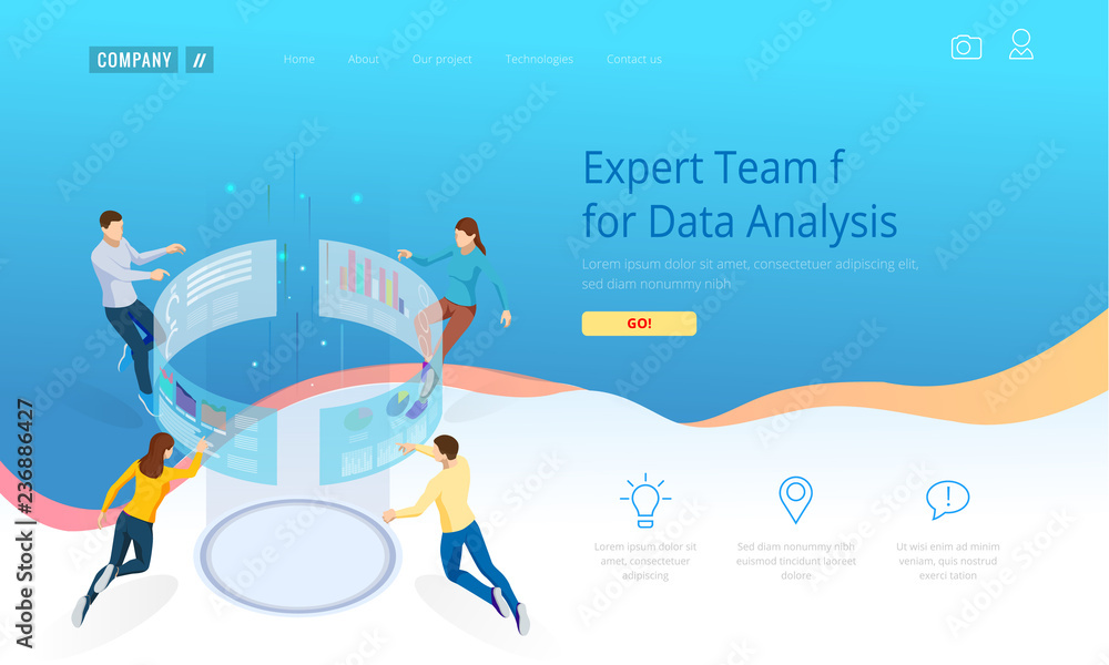 Poster Expert Team for Data Analysis. Isometric Business Data Analytics process management or intelligence dashboard on the virtual screen. Template for website, landing page.