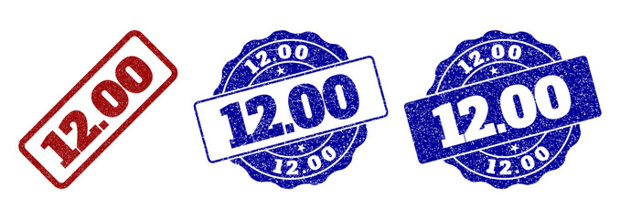 12.00 grunge stamp seals in red and blue colors. Vector 12.00 labels with grunge surface. Graphic elements are rounded rectangles, rosettes, circles and text captions.