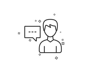 User communication line icon. Male Person with chat speech bubble sign. Human silhouette symbol. Geometric shapes. Random cross elements. Linear Person talk icon design. Vector